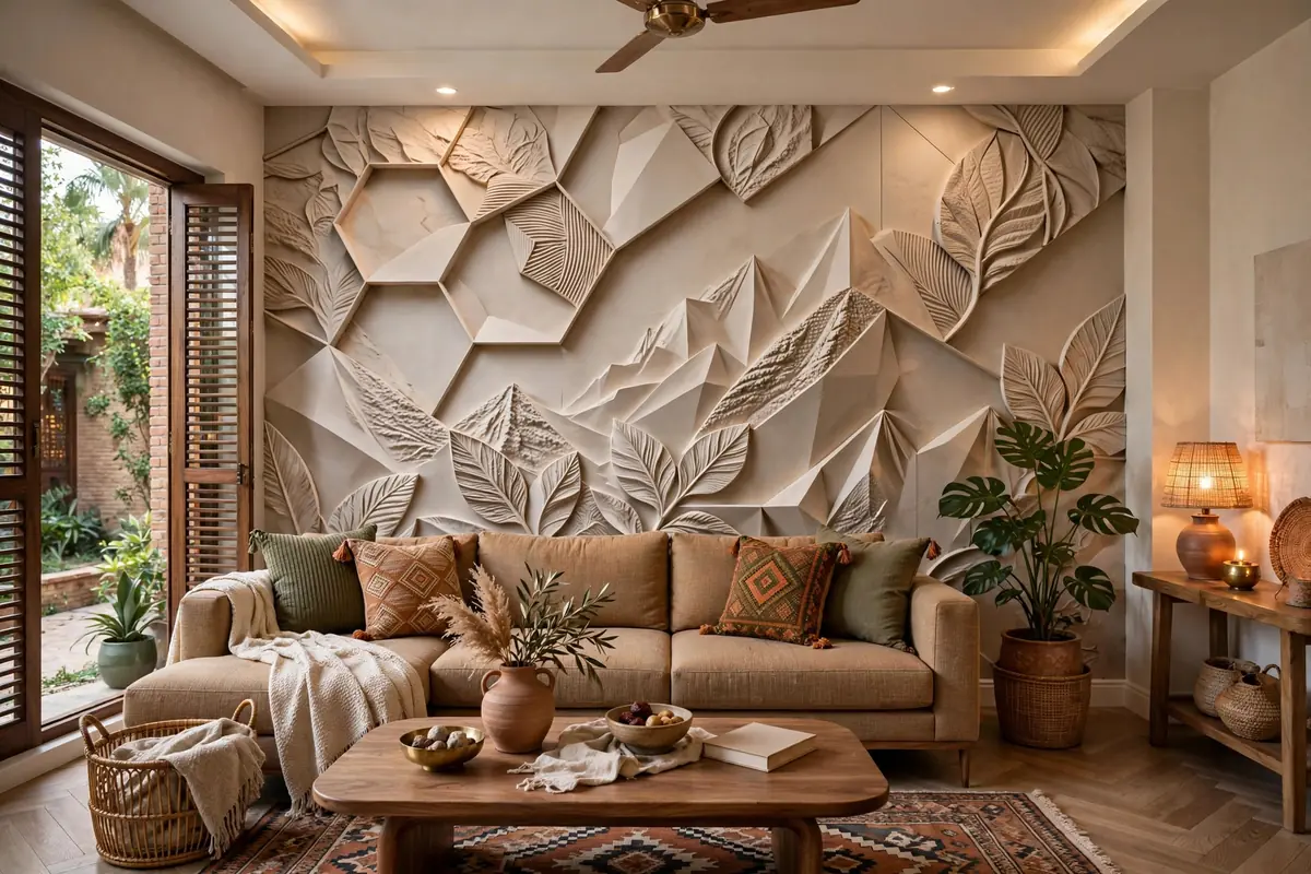 3D wallpaper feature wall in a living room