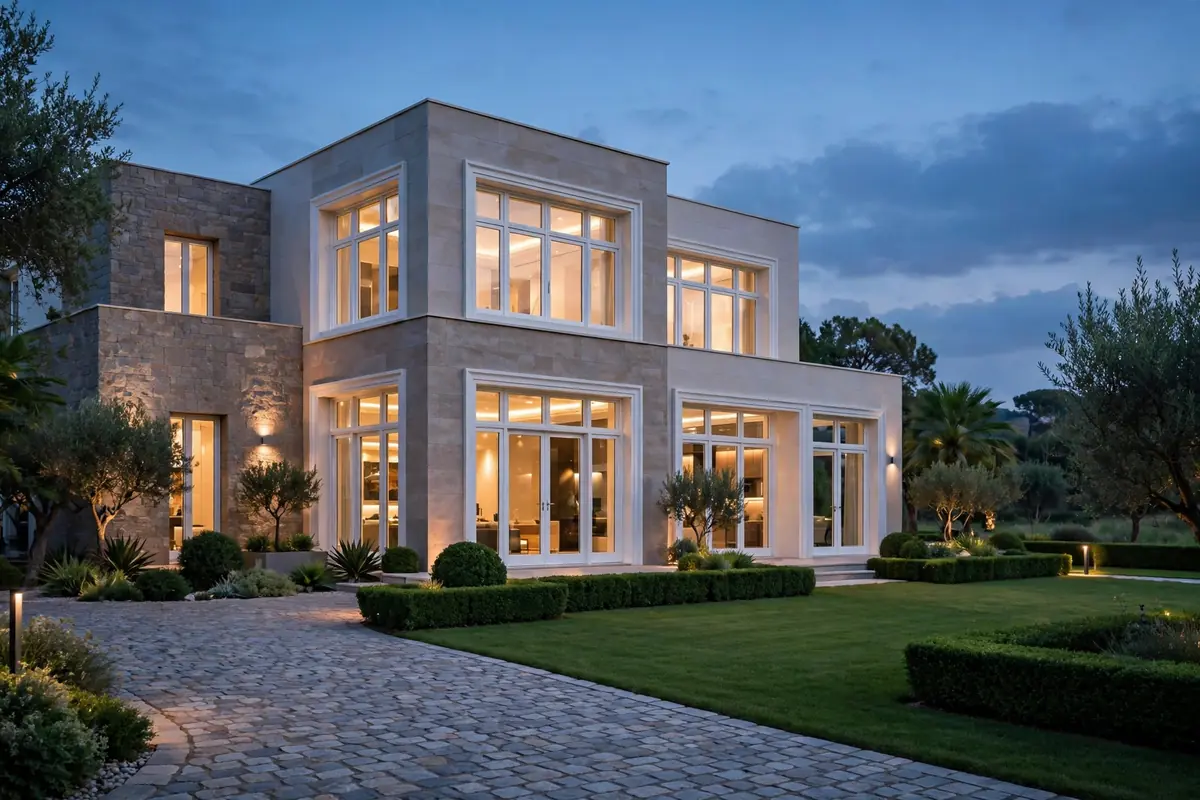 Premium villa exterior with quality uPVC windows at dusk