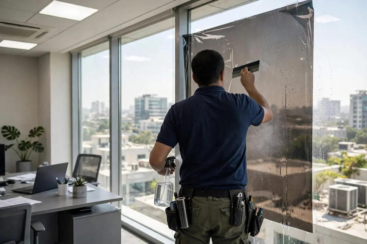 Window film being applied to glass