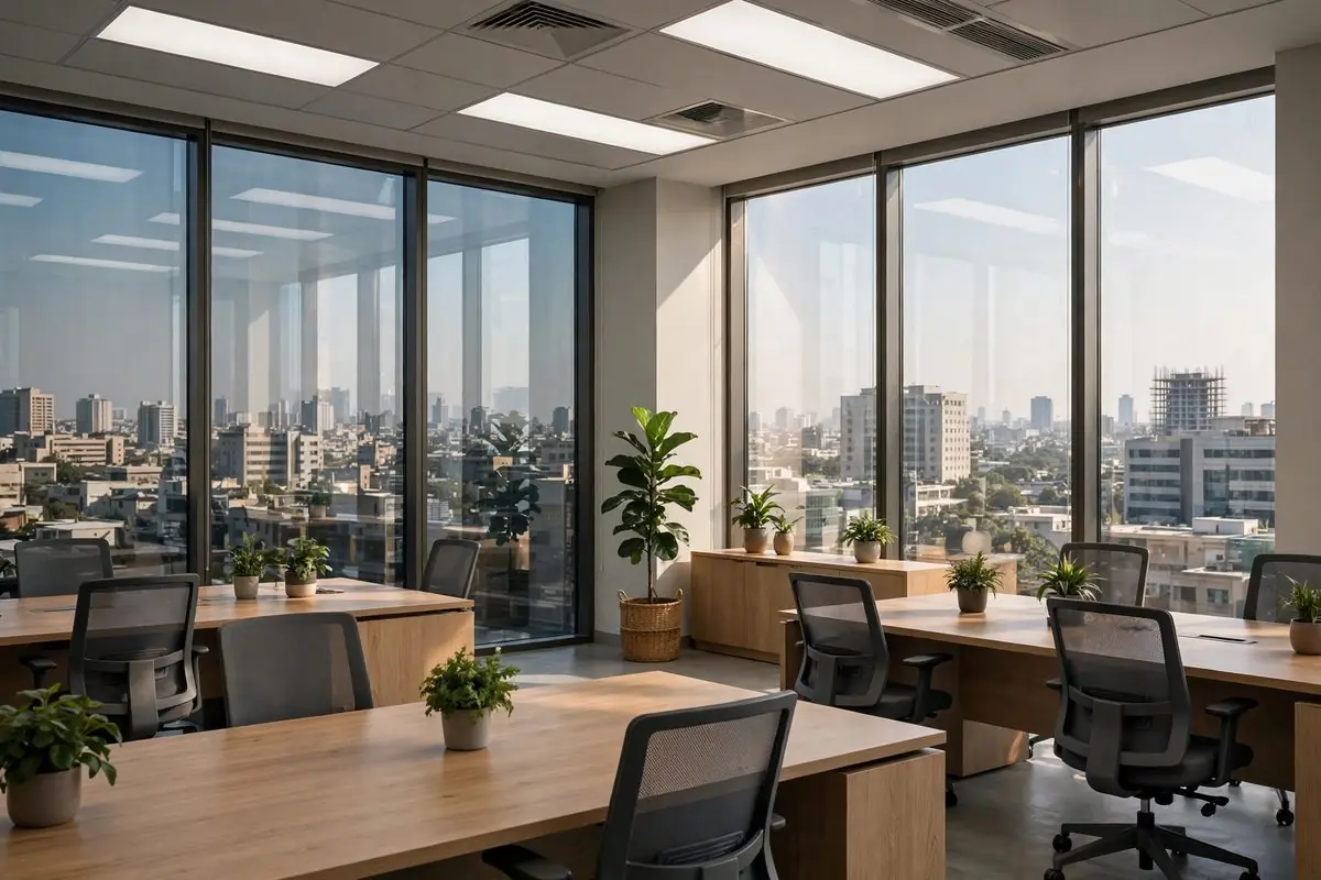 Heat control film on office windows