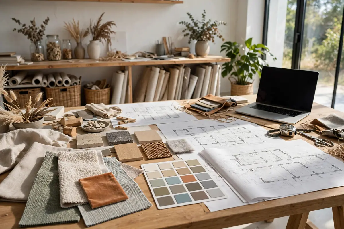 Interior designer workspace with material samples