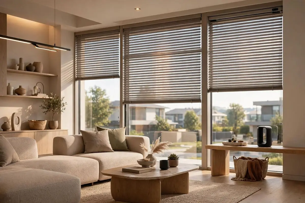 Modern automated home interior with smart blinds