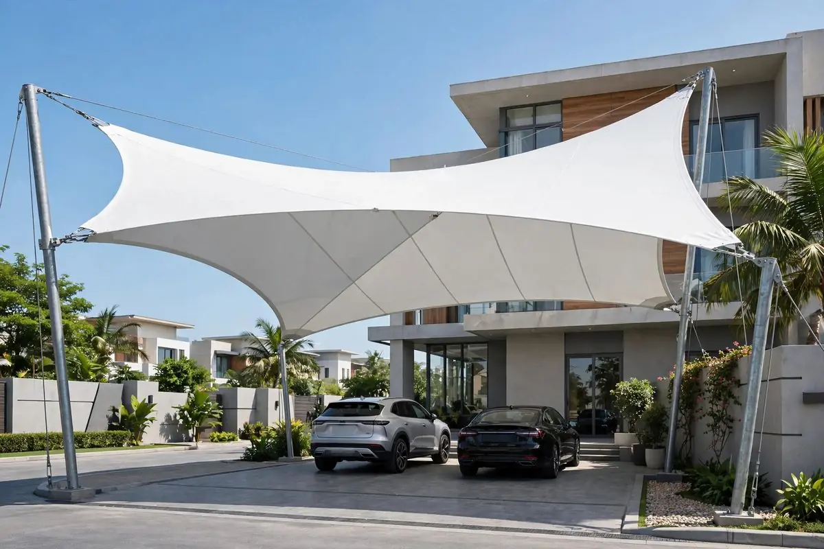 Tensile parking shade structure over a driveway