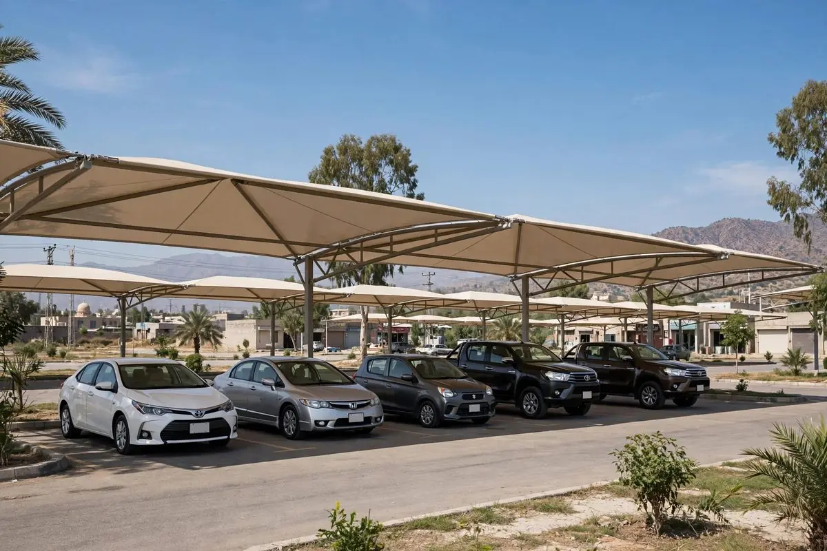 Cars parked under tensile shade canopies