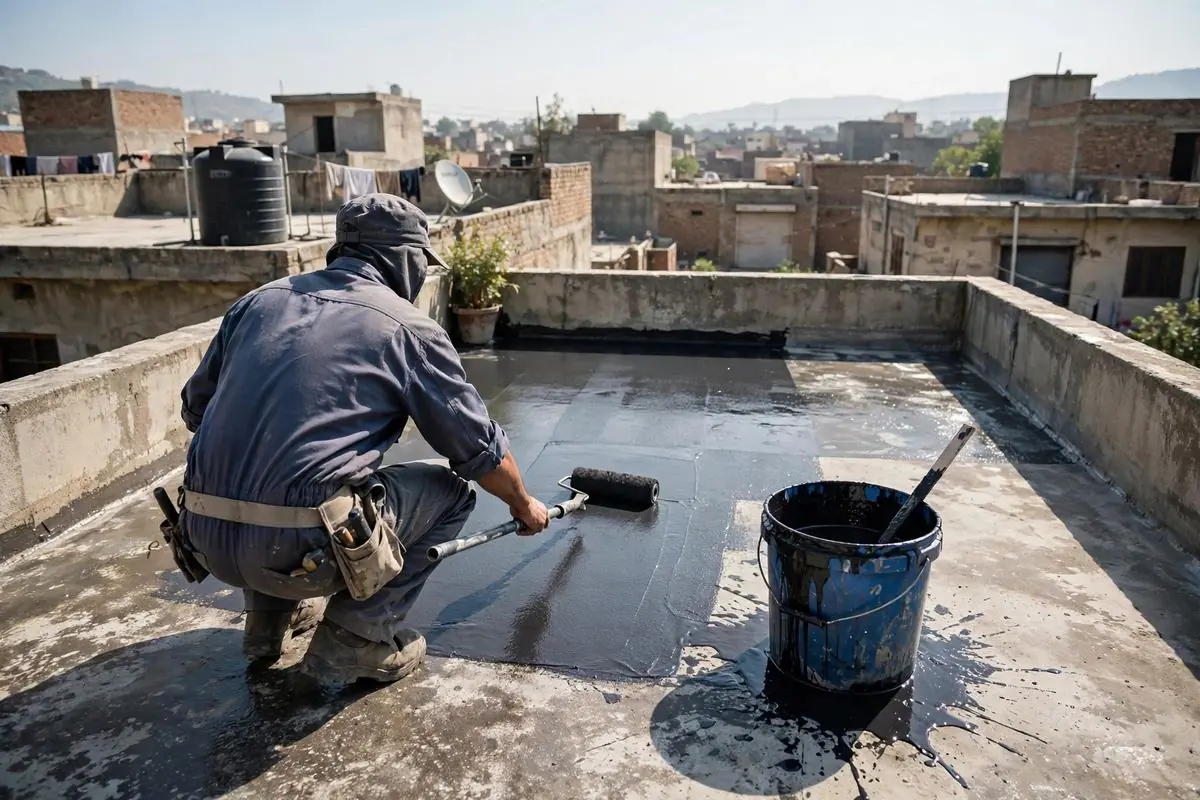 Worker applying waterproofing coating on a roof