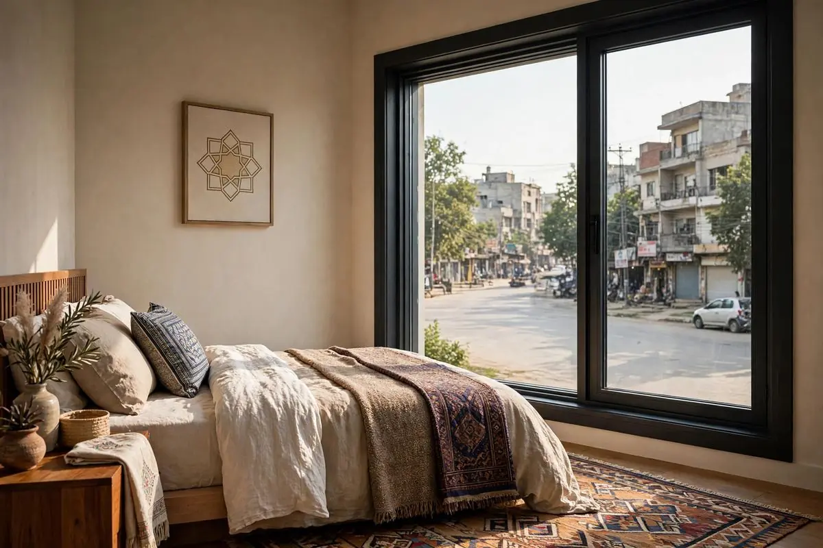 Soundproof window with thick glass in a quiet bedroom