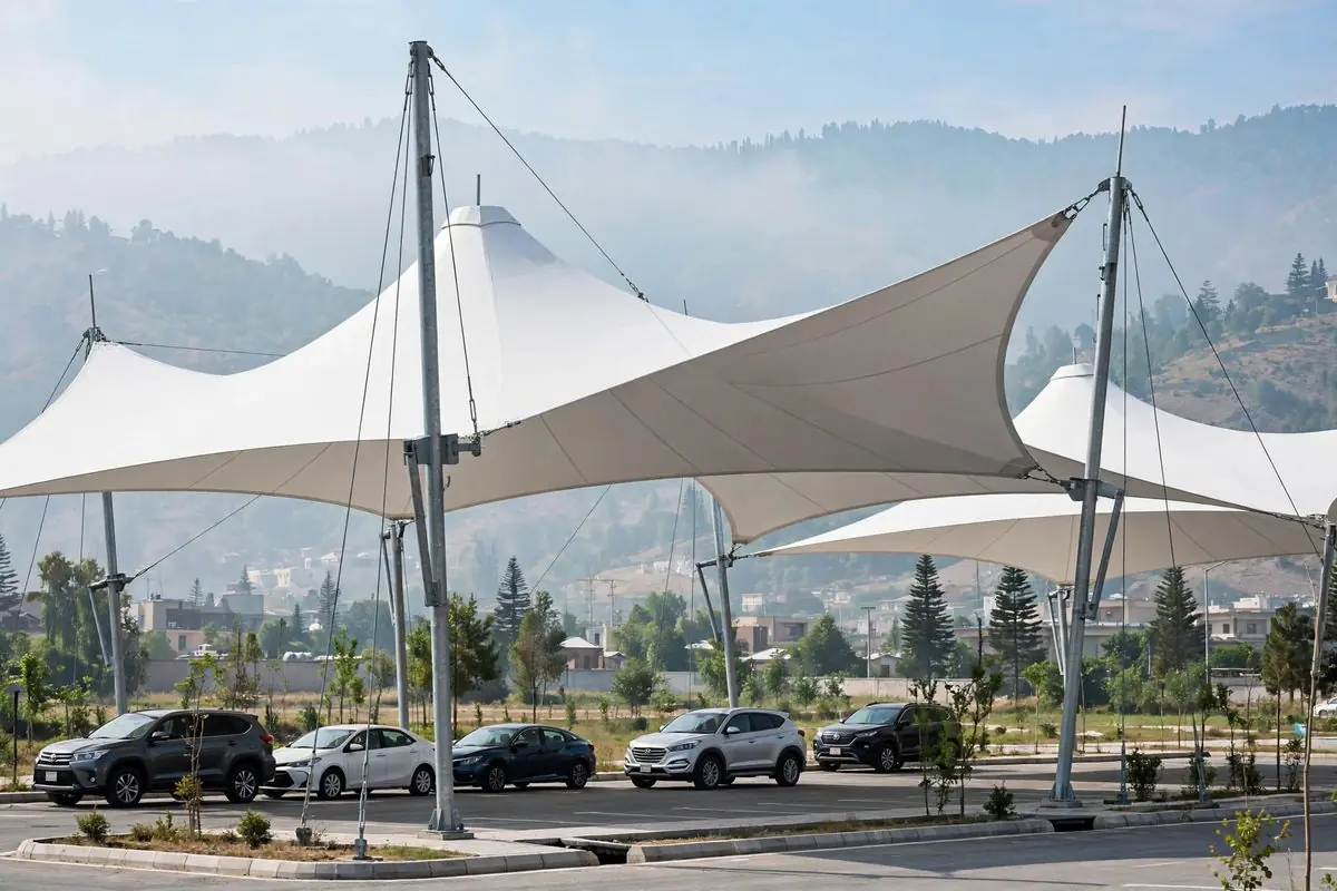 Large tensile shade canopy in Islamabad parking area