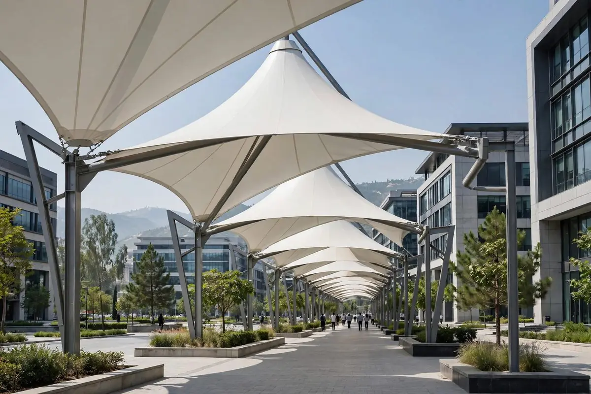 Commercial tensile shade walkway structure