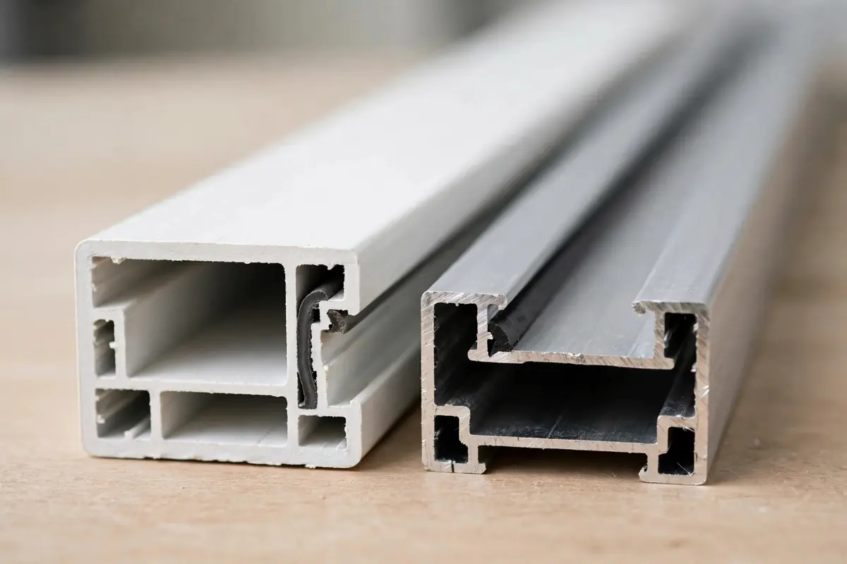 Close-up of uPVC and aluminium frame samples
