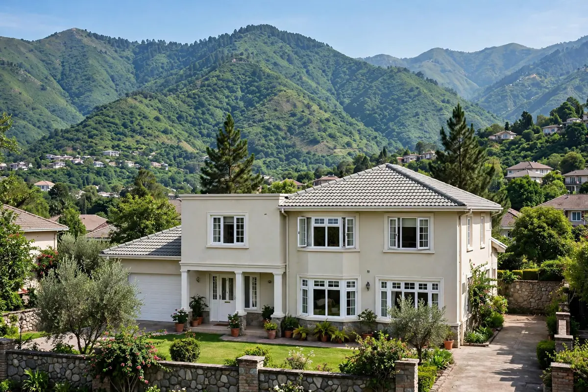 Pakistani home exterior with Margalla Hills backdrop