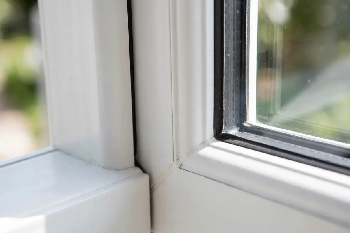 Close-up detail of white uPVC window frame corner joint