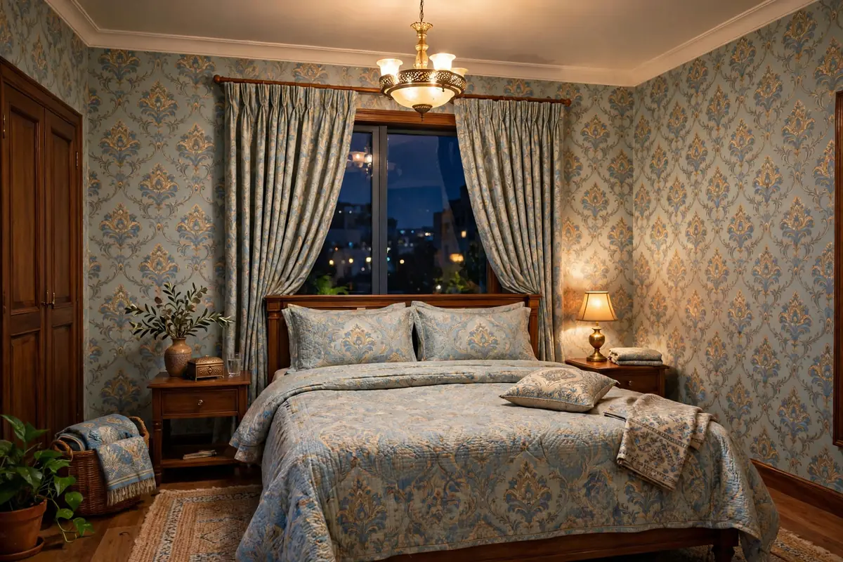 Wallpapered bedroom in a Pakistani home